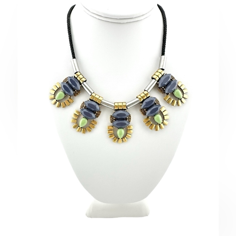 J Crew Necklace, Slate Mint Green w Silver & Gold Tone Metal Slide & Black Cord